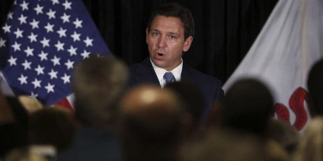 Florida Gov. Ron DeSantis speaks to a crowd at the Knights of Columbus in Elmhurst, Illinois, on Feb. 20, 2023. (Chris Sweda/Chicago Tribune/Tribune News Service via Getty Images)