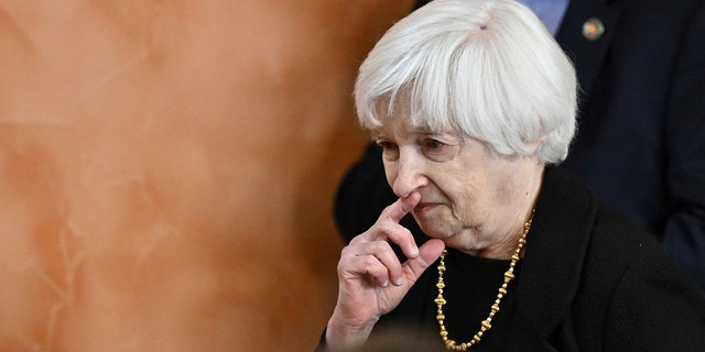 US Secretary of the Treasury Janet Yellen arrives to adress school students during her visit to Kyiv on February 27, 2023, amid the Russian invasion of Ukraine.