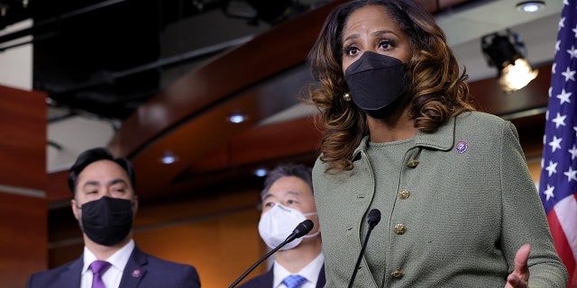 Del. Stacey Plaskett (D-VI) answers questions at a press conference after the conclusion of former President Donald Trump's second impeachment trial February 13, 2021 in Washington, DC. The Senate voted 57-43 to acquit Trump.