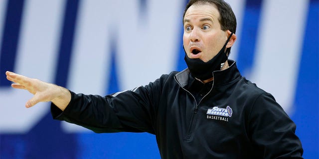 Head coach Joe Pasternack of the UC Santa Barbara Gauchos reacts against the Creighton Bluejays during NCAA Men's Basketball Tournament at Lucas Oil Stadium on March 20, 2021, in Indianapolis.