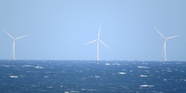 The Block Island wind farm is photographed from Long Island, New York, on April 16, 2021.