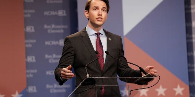 Republican Kevin Kiley speaks as KCRA 3 and San Francisco Chronicle hold a debate of California gubernatorial recall election candidates in Sacramento, Calif., on Wednesday, August 25, 2021.