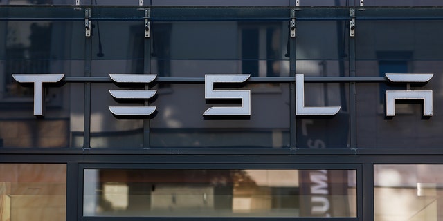 A view of the Tesla logo photographed on October 24, 2021 in Cologne, Germany. 