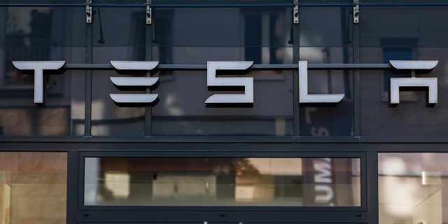 A view of the Tesla logo photographed on October 24, 2021 in Cologne, Germany. 