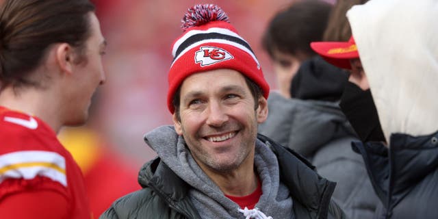 Paul Rudd talks with kicker Harrison Butker of the Kansas City Chiefs before a game Jan. 30.