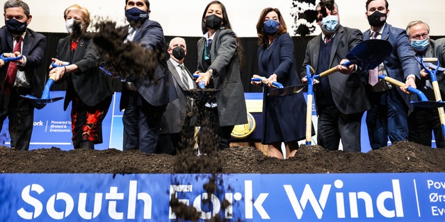 Secretary of the Interior Deb Haaland and New York Governor Kathy Hochul participate in a groundbreaking ceremony for the future South Fork Wind Farm in Wainscott, New York, on Feb. 11, 2022. (Steve Pfost/Newsday RM via Getty Images)