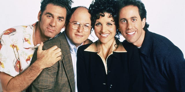 SEINFELD -- Season 9 -- Pictured: (l-r) Michael Richards as Cosmo Kramer, Jason Alexander as George Costanza, Julia Louis-Dreyfus as Elaine Benes, Jerry Seinfeld as Jerry Seinfeld