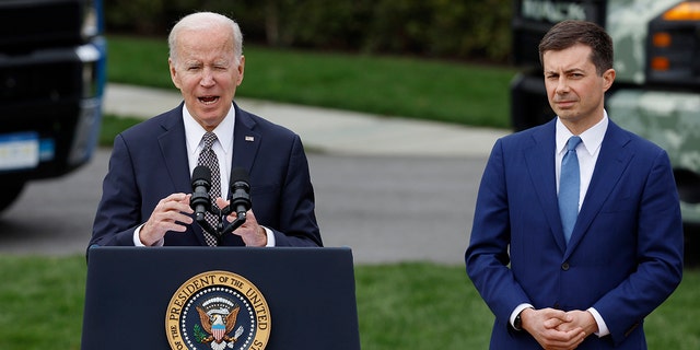U.S. President Joe Biden delivers remarks on his 'Trucking Action Plan' with Transportation Secretary Pete Buttigieg on the South Lawn of the White House on April 04, 2022, in Washington, DC. 