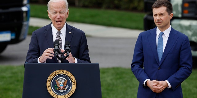 U.S. President Joe Biden delivers remarks on his 'Trucking Action Plan' with Transportation Secretary Pete Buttigieg on the South Lawn of the White House on April 04, 2022, in Washington, DC. 