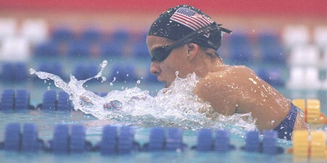 Jamie Cail of the United States performs during the Pan Pacific Swim Championships in Fukuoka City, Japan on Aug. 11, 1997.