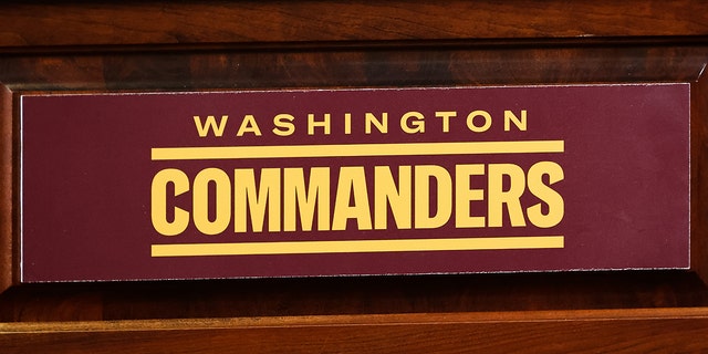 A view of the Washington Commanders logo on the podium during the organized team activity at INOVA Sports Performance Center on June 14, 2022, in Ashburn, Virginia. 