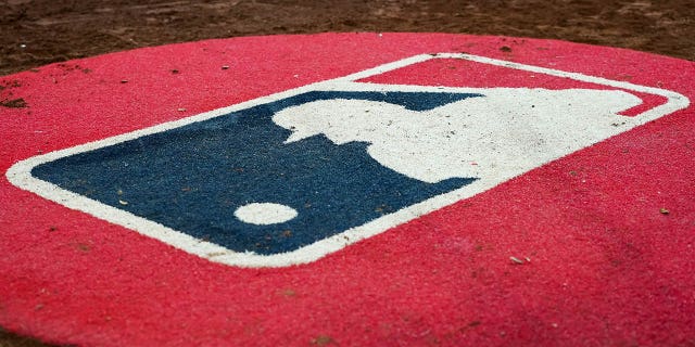 A general view of the MLB logo on the on-deck circle during the game between the New York Mets and the Cincinnati Reds at Great American Ball Park on July 5, 2022 in Cincinnati.