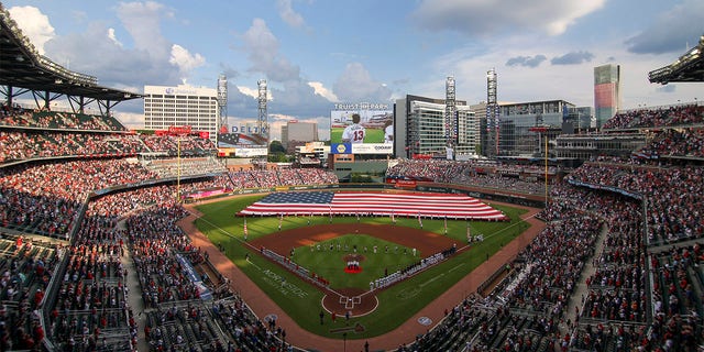 A general view of Truist Park during the National Anthem before a game between the Atlanta Braves and the St. Louis Cardinals on July 4, 2022 in Atlanta.