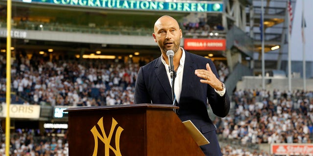 Derek Jeter speaks at Yankee Stadium