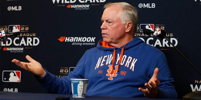 Manager Buck Showalter of the New York Mets speaks to the media before the wild-card game against the San Diego Padres at Citi Field on Oct. 7, 2022.