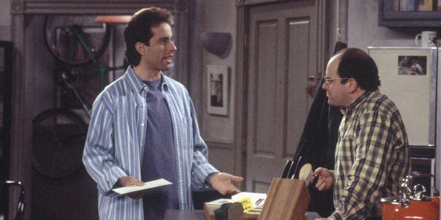 SEINFELD -- "The Pie" Episode 15 -- Pictured: (l-r) Jerry Seinfeld as himself, Jason Alexander as George Costanza (Photo by J. Delvalle/NBCU Photo Bank/NBCUniversal via Getty Images via Getty Images)