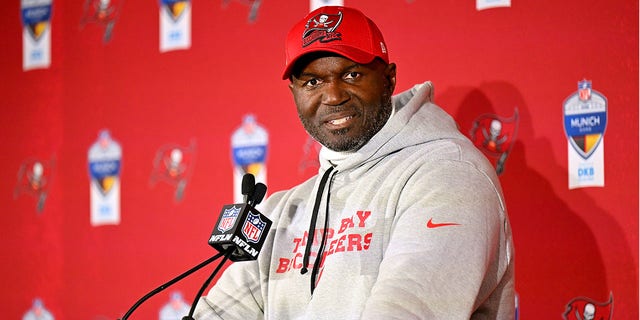 Tampa Bay Buccaneers head coach Todd Bowles speaks to the media after the NFL game between the Seattle Seahawks and the Tampa Bay Buccaneers at the Allianz Arena on November 13, 2022 in Munich.