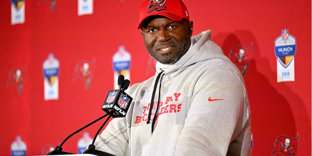 Tampa Bay Buccaneers head coach Todd Bowles speaks to the media after the NFL game between the Seattle Seahawks and the Tampa Bay Buccaneers at the Allianz Arena on November 13, 2022 in Munich.