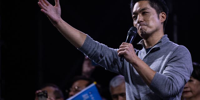 Chiang Wan-an, Taipei mayoral candidate of the opposition Kuomintang (KMT), celebrates his victory in local elections on Nov. 26, 2022 in Taipei, Taiwan.