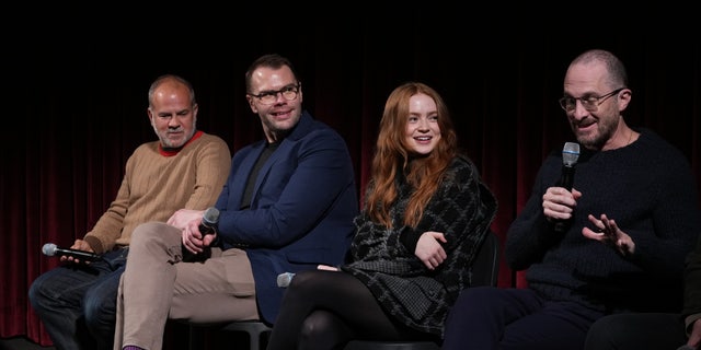 (L-R) Jeremy Dawson, Sam Hunter, Sadie Sink, and Darren Aronofsky attend The Academy of Motion Picture Arts and Sciences New York screening of "The Whale" the at MOMA - Celeste Bartos Theater on December 01, 2022, in New York City.