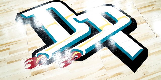 The logo on the Detroit Pistons court