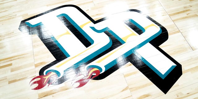 The logo on the Detroit Pistons court