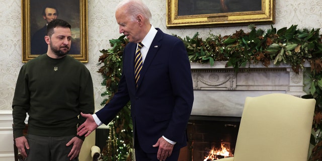 US President Joe Biden meets with President of Ukraine Volodymyr Zelenskyy in the Oval Office of the White House on December 21, 2022 in Washington, DC.
