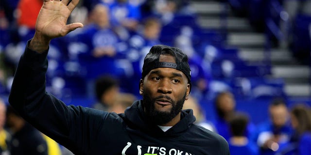 Shaquille, Leonard #53 of the Indianapolis Colts, looks on prior to the game against the Los Angeles Chargers at Lucas Oil Stadium on December 26, 2022, in Indianapolis, Indiana. 