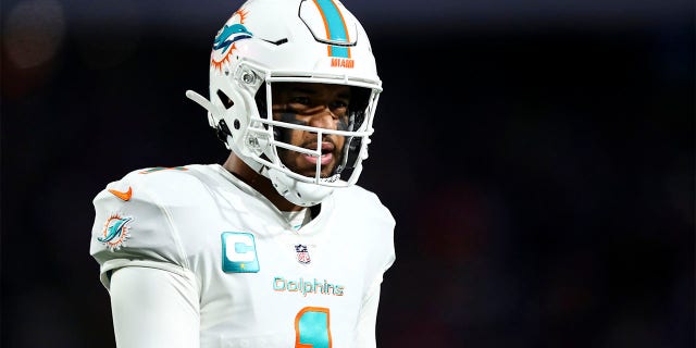 Tua Tagovailoa of the Miami Dolphins reacts after a play during a game against the Buffalo Bills at Highmark Stadium Dec. 17, 2022, in Orchard Park, N.Y.