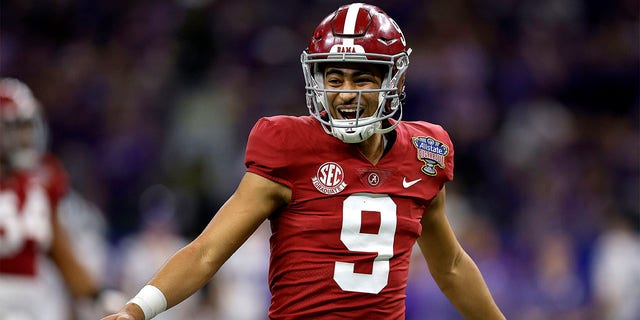 Bryce Young of the Alabama Crimson Tide reacts after throwing a touchdown pass during the Allstate Sugar Bowl against the Kansas State Wildcats at the Kaiser Superdome on December 31, 2022 in New Orleans.