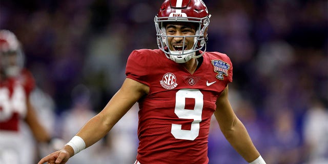 Alabama Crimson Tide's Bryce Young reacts after throwing a touchdown pass during the Allstate Sugar Bowl against the Kansas State Wildcats at Caesars Superdome on December 31, 2022 in New Orleans.