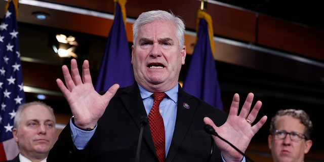 House Majority Whip Tom Emmer, R-Minn., talks to reporters following a GOP caucus meeting at the U.S. Capitol on Jan. 10, 2023.