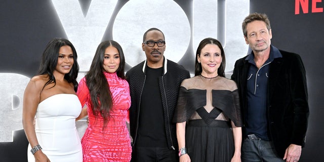 From left to right, Nia Long, Lauren London, Eddie Murphy, Julia Louis-Dreyfus, and David Duchovny attend the Los Angeles Premiere of Netflix's "You People." 