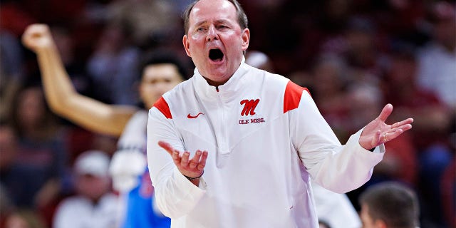 Mississippi Rebels head Coach Kermit Davis yells at the officials during a game against the Arkansas Razorbacks at Bud Walton Arena on Jan. 21, 2023 in Fayetteville, Arkansas. The Razorbacks defeated the Rebels 69-57.