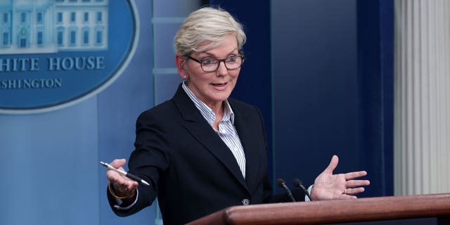 Energy Secretary Jennifer Granholm speaks during a news briefing at the White House on Jan. 23.