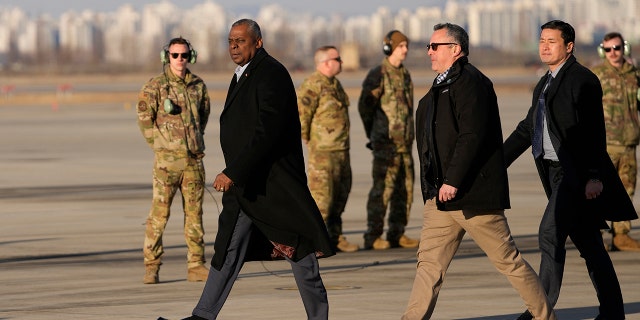 U.S. Secretary of Defense Lloyd Austin arrives at Osan Air Base on January 30, 2023 in Pyeongtaek, South Korea. 