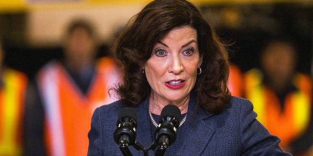 New York Gov. Kathy Hochul gives a speech on the Hudson River tunnel project at the West Side Yard on Jan. 31, 2023 in New York City. 