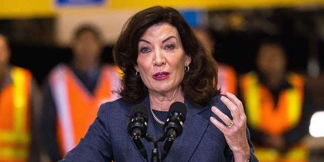 Democratic New York Gov. Kathy Hochul speaking at an event
