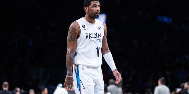 Kyrie Irving of the Brooklyn Nets during the first quarter of a game against the New York Knicks at Barclays Center on January 28, 2023 in New York City.  