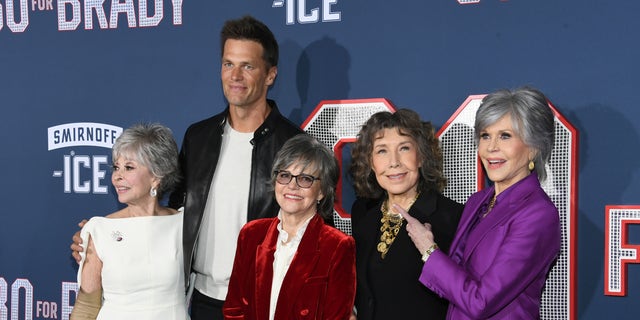 From left, Rita Moreno, Tom Brady, Sally Field, Lily Tomlin and Jane Fonda attend the Los Angeles premiere of f Paramount Pictures' "80 for Brady."
