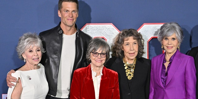 From left, Rita Moreno, Tom Brady, Sally Field, Lily Tomlin and Jane Fonda attend the Los Angeles premiere screening of Paramount Pictures' "80 For Brady."