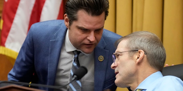 U.S. Rep. Matt Gaetz, R-Fla., talks to Rep. Jim Jordan, R-Ohio, Chairman of the House Judiciary Committee, on Capitol Hill, February 01, 2023, in Washington, DC.