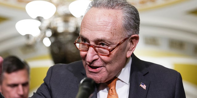 Senate Majority Leader Chuck Schumer, D-N.Y., speaks to reporters after a weekly luncheon with Senate Democrats on February 01, 2023 in Washington, DC.