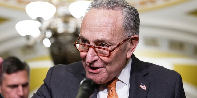 Senate Majority Leader Chuck Schumer, D-N.Y., speaks to reporters after a weekly luncheon with Senate Democrats on February 01, 2023 in Washington, DC.