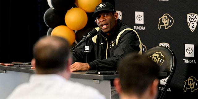 Colorado Buffaloes football coach Deion Sanders speaks to members of the media about National Signing Day during a news conference at the Dal Ward Athletic Center in Boulder on Wednesday, February 1, 2023. Sanders talked about signing new players to the football team for the upcoming season. 