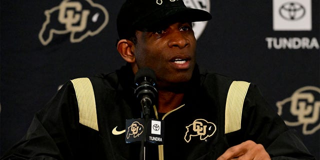 Colorado Buffaloes head football coach Deion Sanders speaks to members of the media about National Signing Day during a press conference at the Dal Ward Athletic Center in Boulder, Colorado, on Wednesday, Feb. 1, 2023. Sanders spoke about signing new players to the football team for the upcoming season. 