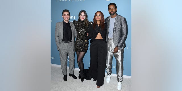 Dave Franco poses alongside the actors in his film "Somebody I Used to Know," Alison Brie, Kiersey Clemons, and Jay Ellis.