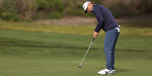 Max McGreevy of the United States putts on the 13th green during the first round of the ATT Pebble Beach Pro-Am at Monterey Peninsula Country Club on February 2, 2023 in Pebble Beach, California. 