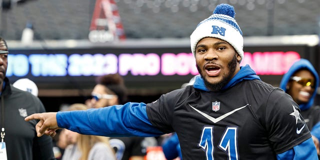 Micah Parsons of the Dallas Cowboys reacts during a practice session for the Pro Bowl Games at Allegiant Stadium on Feb. 4, 2023.