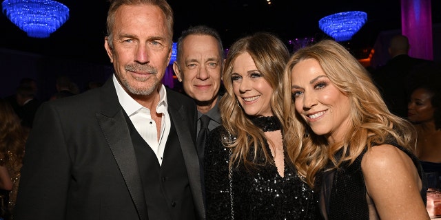 Inside the party, Tom Hanks and Rita Wilson posed with Kevin Costner and Sheryl Crowe.